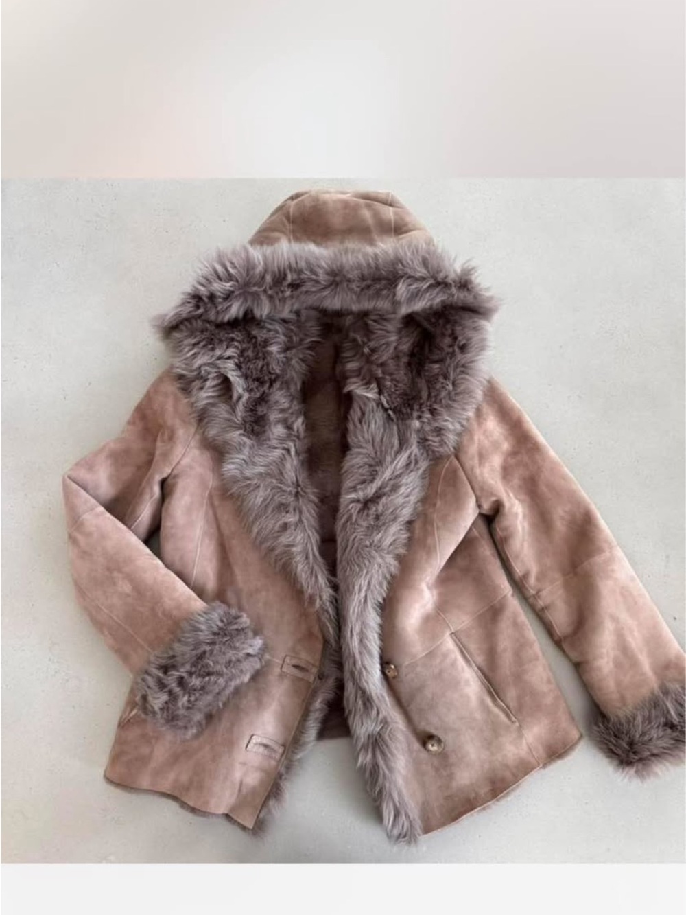 Vintage Teddy Jacket in Dusty Mauve with Gray Faux Fur Trim